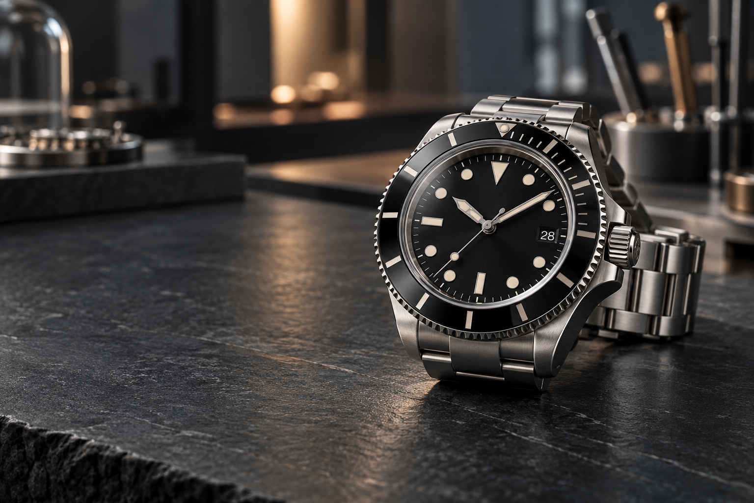A close-up of a watch with a black dial