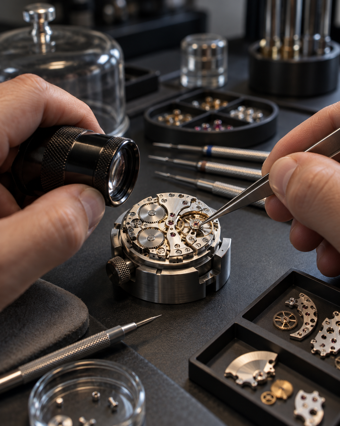 A watch movement examined at a workbench