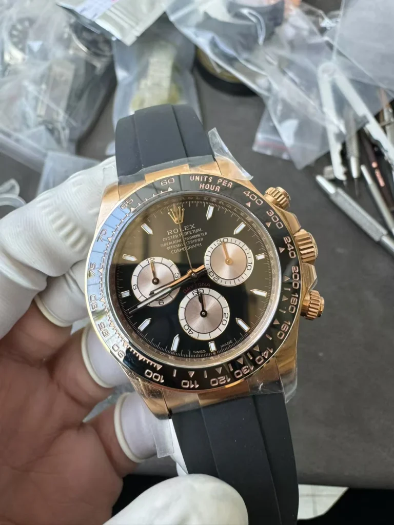 Clean Factory Rolex Daytona 126515 40mm SH4131 Superlumed black dial and hands in blue color Oysterflex strap