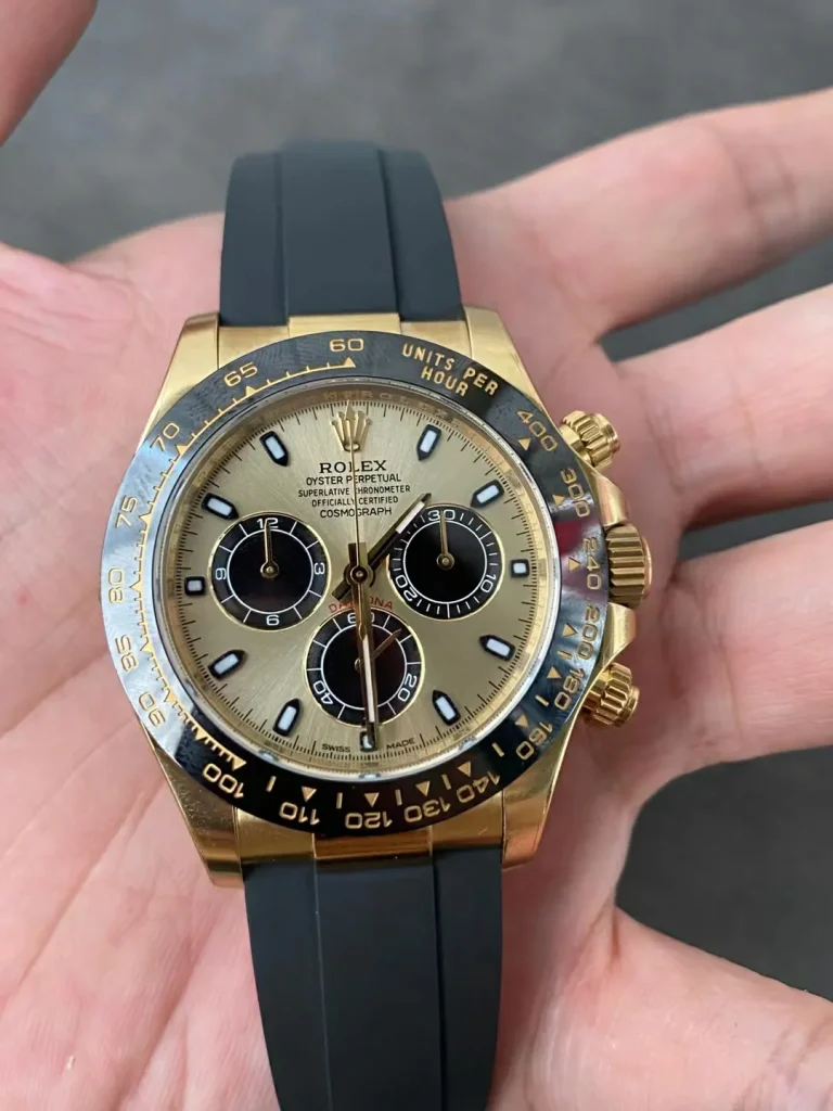 Clean Factory Rolex Daytona 116518 40mm Yellow Gold Dial with Black Subdials, Super Lume Hands Set Rubber strap