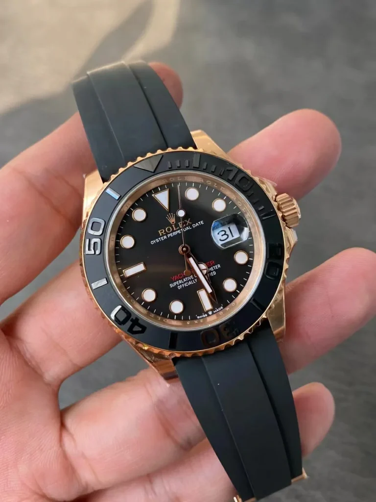 Clean Factory Rolex Yacht-Master 126655 40mm VR3235 Superlumed black dial and hands in correct blue color Oysterflex strap