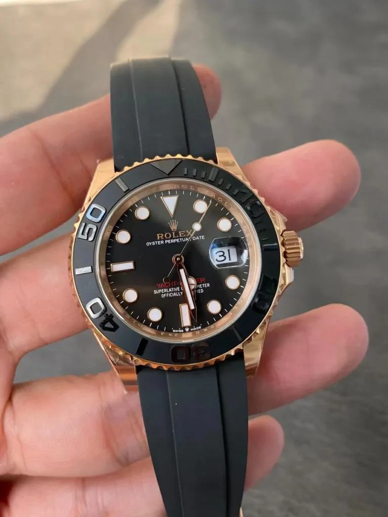 Clean Factory Rolex Yacht-Master 126655 40mm VR3235 Superlumed black dial and hands in correct blue color Oysterflex strap