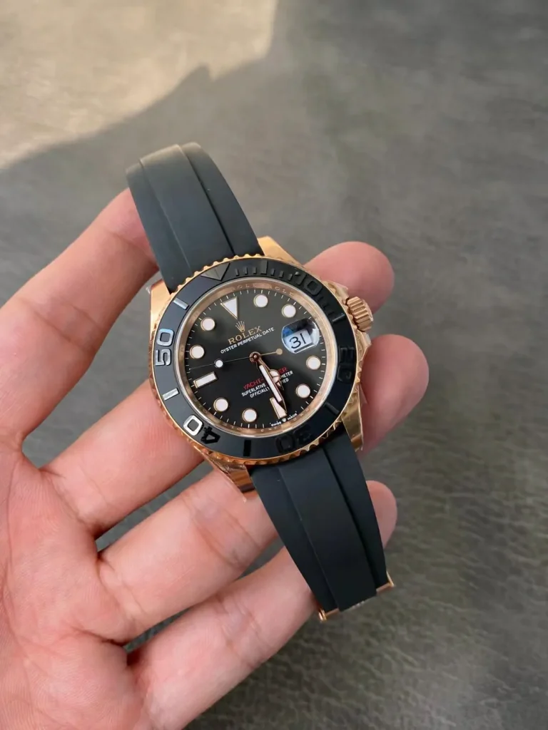Clean Factory Rolex Yacht-Master 126655 40mm VR3235 Superlumed black dial and hands in correct blue color Oysterflex strap