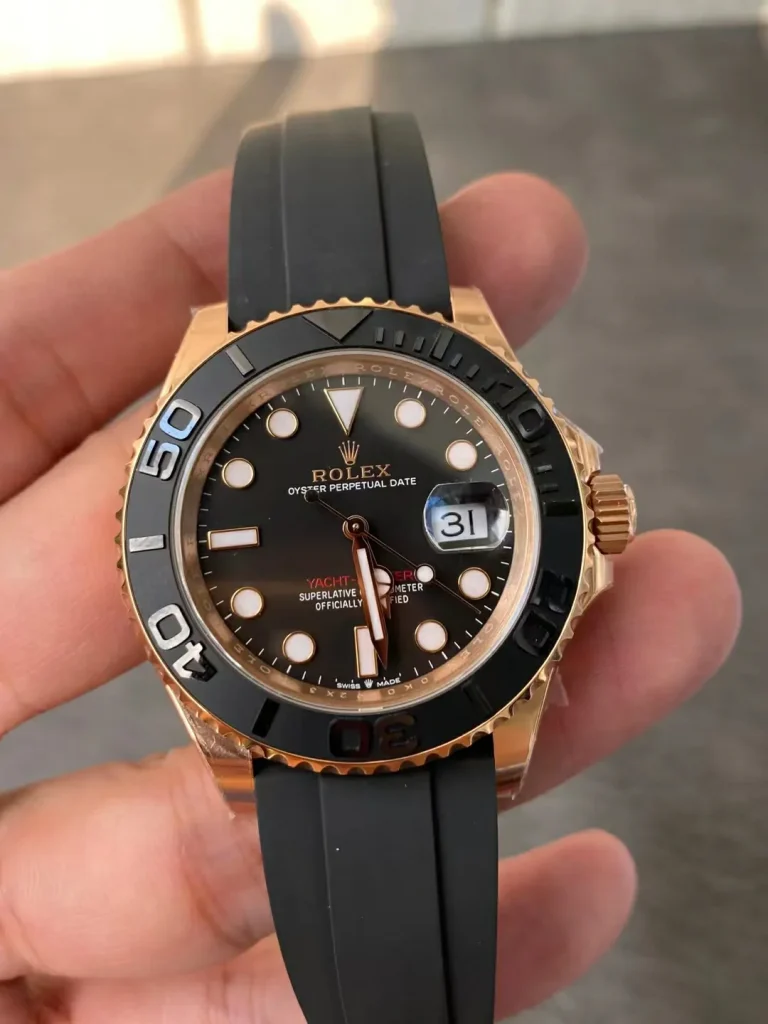 Clean Factory Rolex Yacht-Master 126655 40mm VR3235 Superlumed black dial and hands in correct blue color Oysterflex strap