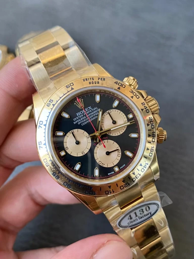 Clean Factory Rolex Daytona 116508 40mm Superlumed black dial and hands in correct blue color, yellow Bracelet