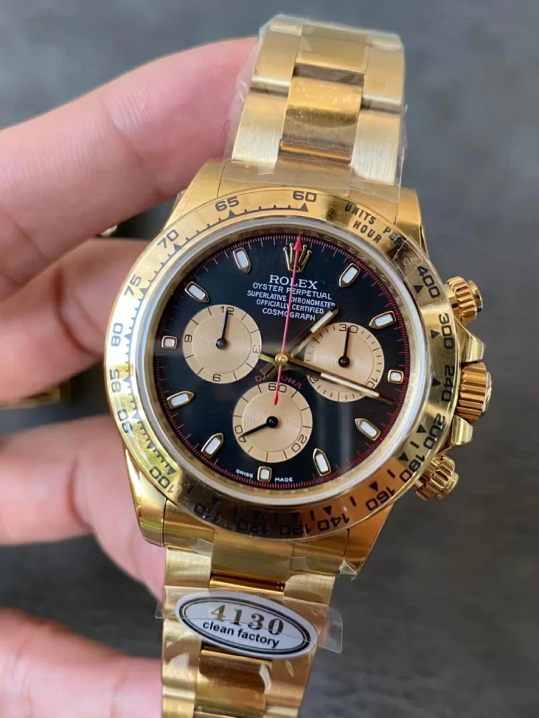 Clean Factory Rolex Daytona 116508 40mm Superlumed black dial and hands in correct blue color, yellow Bracelet