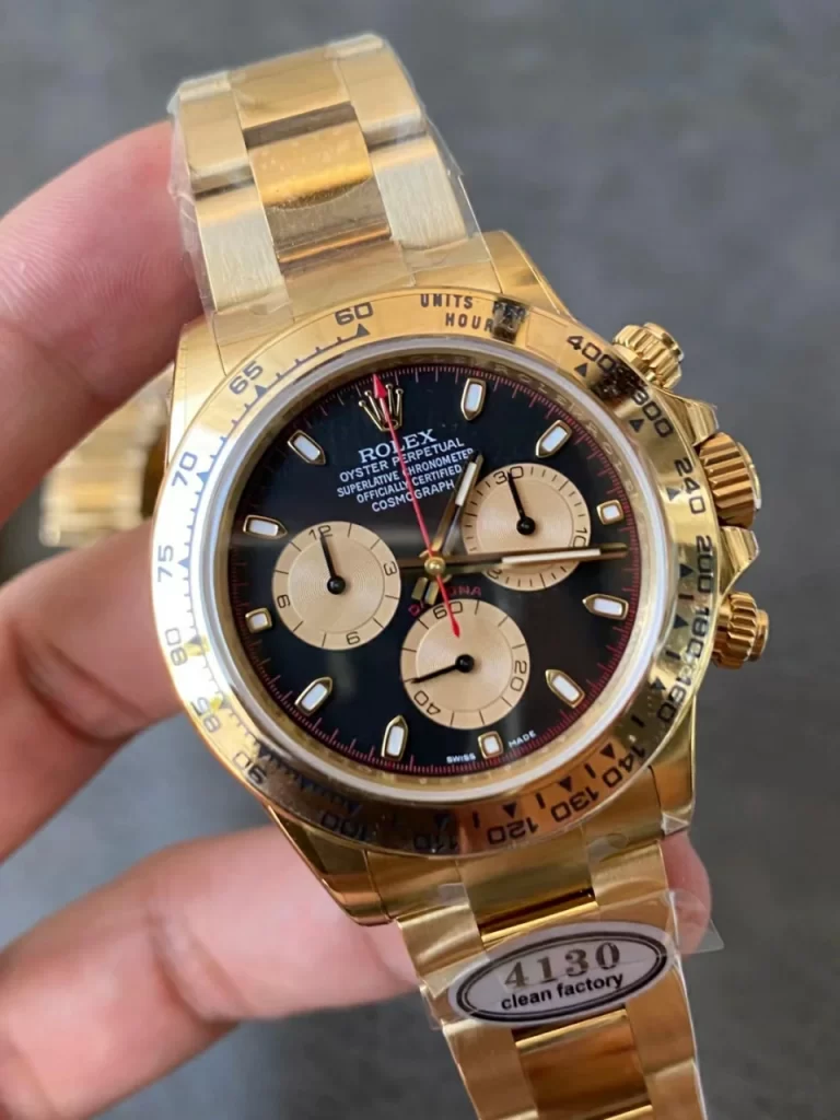 Clean Factory Rolex Daytona 116508 40mm Superlumed black dial and hands in correct blue color, yellow Bracelet