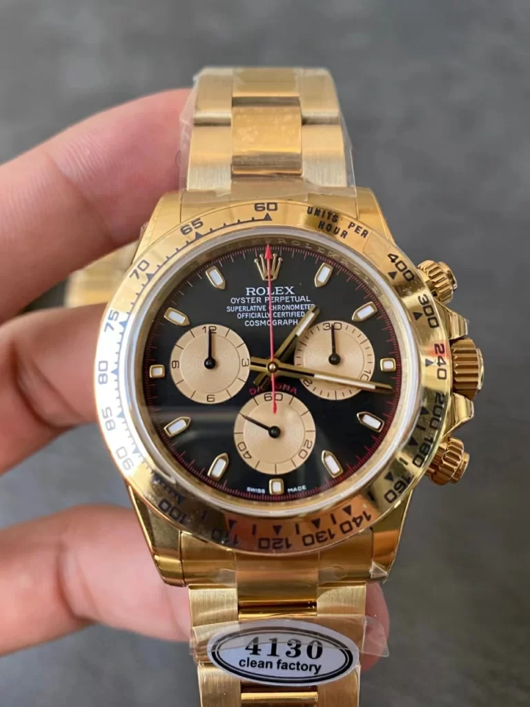 Clean Factory Rolex Daytona 116508 40mm Superlumed black dial and hands in correct blue color, yellow Bracelet