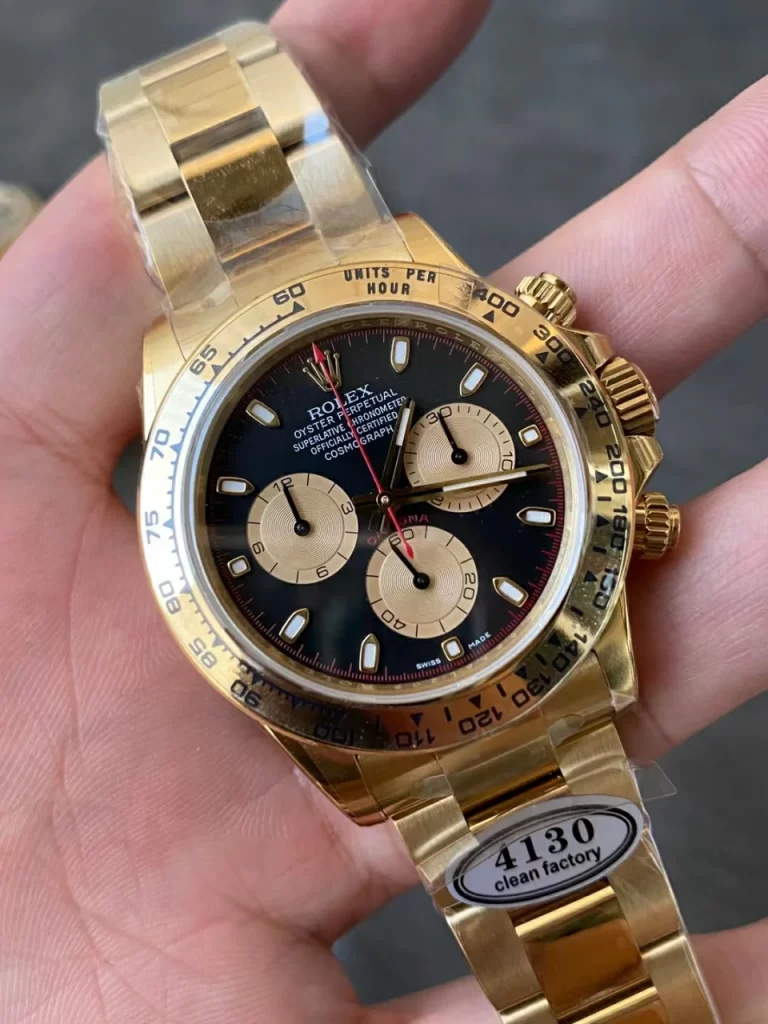 Clean Factory Rolex Daytona 116508 40mm Superlumed black dial and hands in correct blue color, yellow Bracelet
