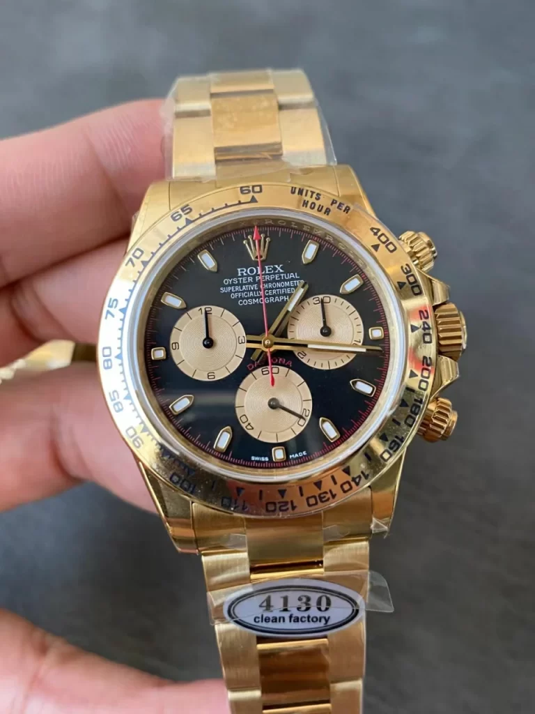 Clean Factory Rolex Daytona 116508 40mm Superlumed black dial and hands in correct blue color, yellow Bracelet