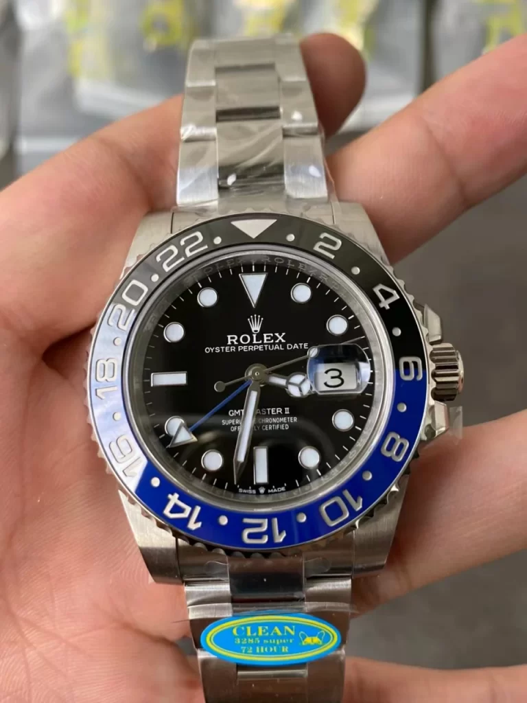 Clean Factory Rolex GMT-Master II 126710BLNR 40mm DD3285 Black Dial with Round Markers (Correct Hand Stack) – Superlume Oyster bracelet