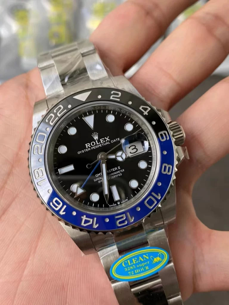Clean Factory Rolex GMT-Master II 126710BLNR 40mm DD3285 Black Dial with Round Markers (Correct Hand Stack) – Superlume Oyster bracelet