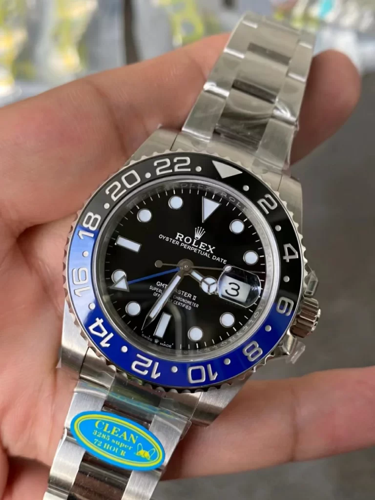 Clean Factory Rolex GMT-Master II 126710BLNR 40mm DD3285 Black Dial with Round Markers (Correct Hand Stack) – Superlume Oyster bracelet