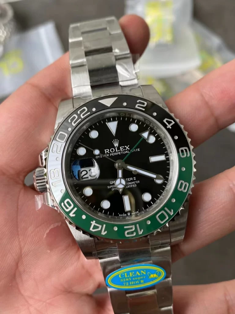 Clean Factory Rolex GMT-Master II 126720VTNR 40mm DD3285 Black Dial with Round Markers (Correct Hand Stack) – Superlume Oyster bracelet