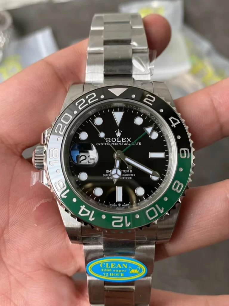 Clean Factory Rolex GMT-Master II 126720VTNR 40mm DD3285 Black Dial with Round Markers (Correct Hand Stack) – Superlume Oyster bracelet