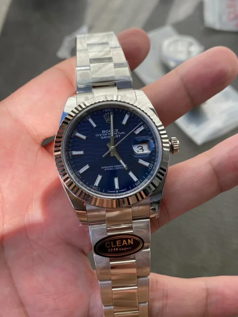 Clean Factory Rolex Datejust 126334 41mm SH3235 Blue Patterened Dial with Stick Markers Oyster bracelet