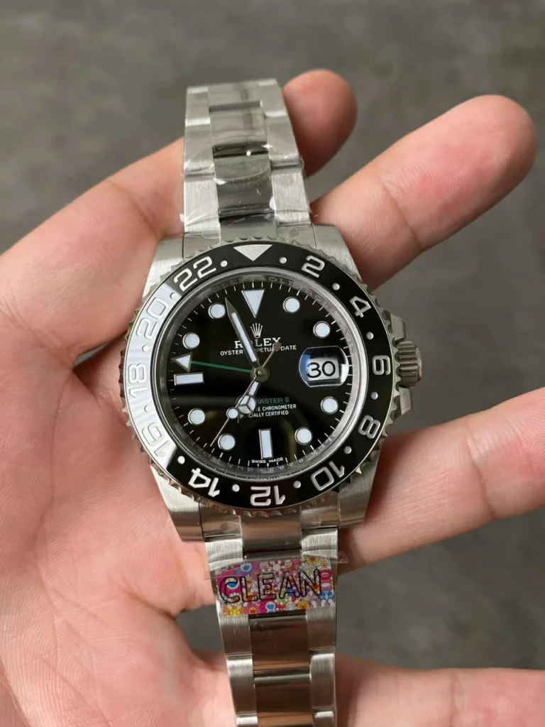 Clean Factory Rolex GMT-Master II 116710LN 40mm A3186 Black Dial with Round Markers (Correct Hand Stack) – Superlume Oyster bracelet