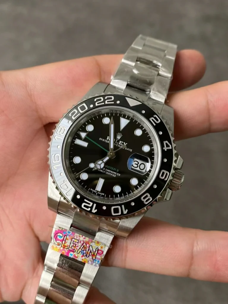 Clean Factory Rolex GMT-Master II 116710LN 40mm A3186 Black Dial with Round Markers (Correct Hand Stack) – Superlume Oyster bracelet