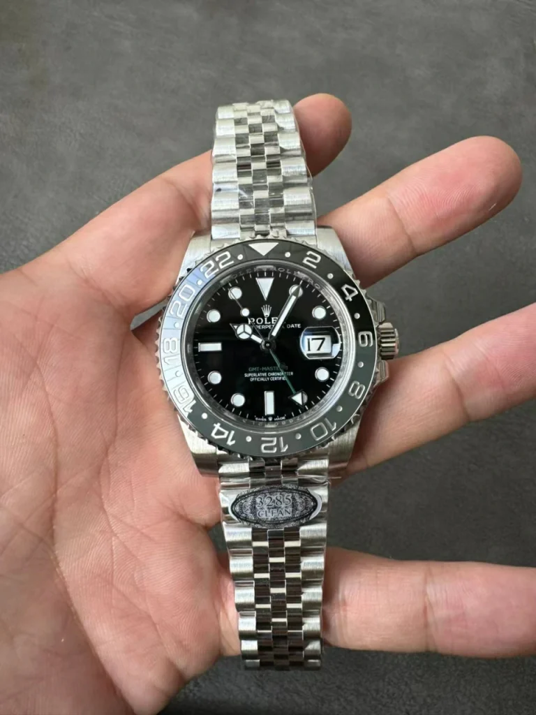 Clean Factory Rolex GMT-Master II 126710GRNR 40mm DD3285 Superlumed black dial and hands in correct blue color Jubilee bracelet