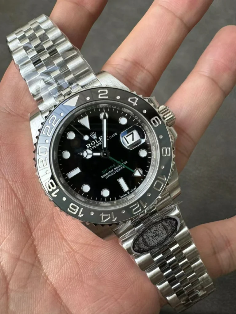 Clean Factory Rolex GMT-Master II 126710GRNR 40mm DD3285 Superlumed black dial and hands in correct blue color Jubilee bracelet