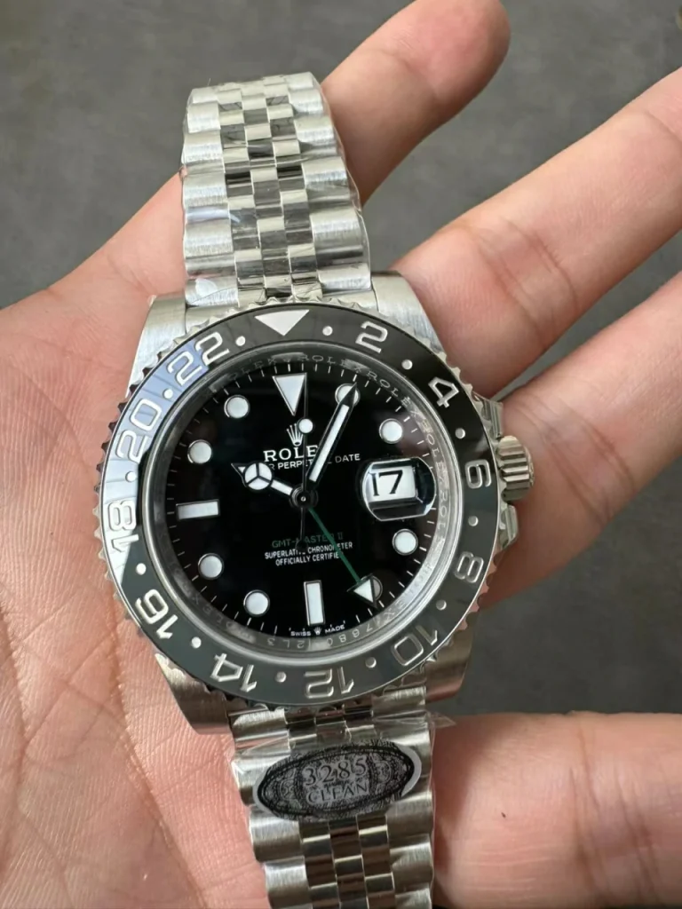 Clean Factory Rolex GMT-Master II 126710GRNR 40mm DD3285 Superlumed black dial and hands in correct blue color Jubilee bracelet