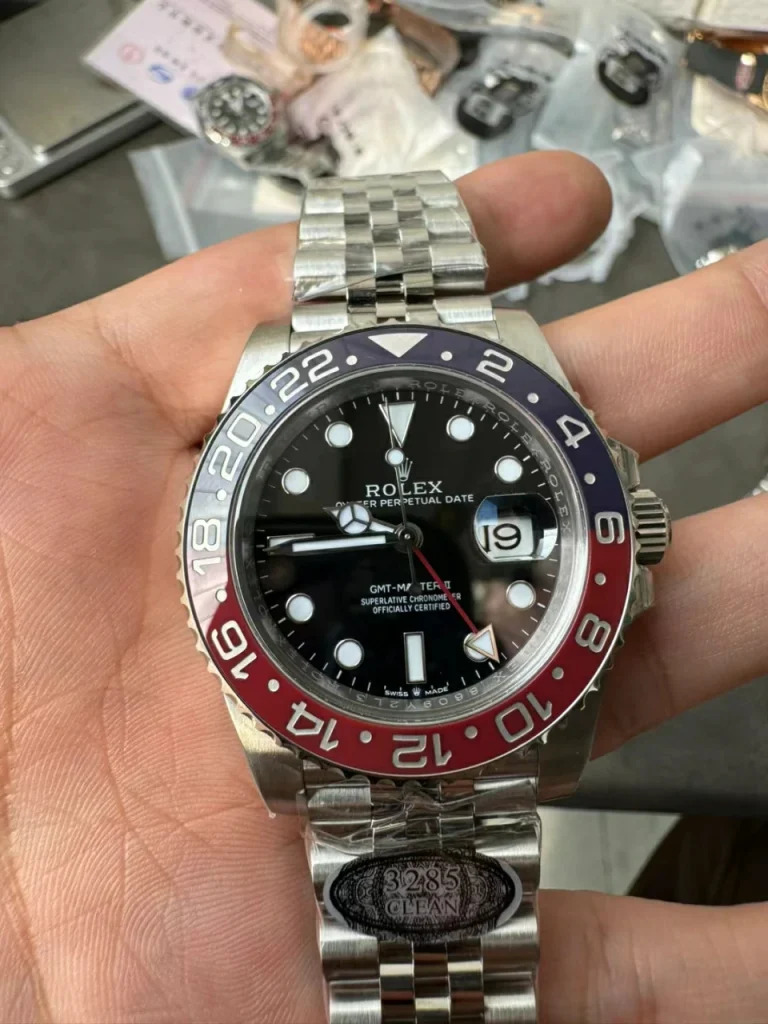 Clean Factory Rolex GMT-Master II 126710BLRO 40mm DD3285 V3 Black Dial with Round Markers (Correct Hand Stack) – Superlume Jubilee bracelet