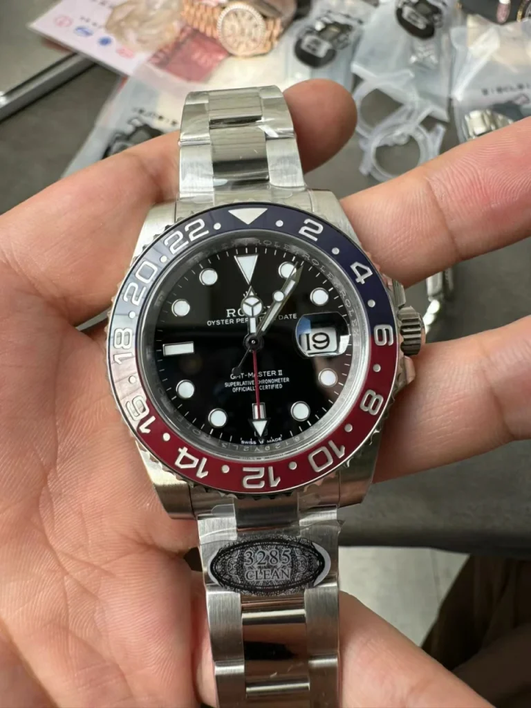Clean Factory Rolex GMT-Master II 126710BLRO 40mm DD3285 V2+ Black Dial with Round Markers (Correct Hand Stack) – Superlume Oyster bracelet