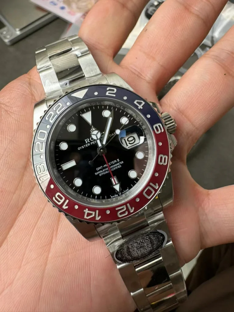 Clean Factory Rolex GMT-Master II 126710BLRO 40mm DD3285 V2+ Black Dial with Round Markers (Correct Hand Stack) – Superlume Oyster bracelet