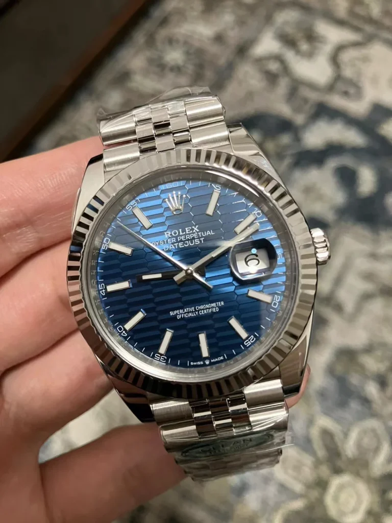 Clean Factory Rolex Datejust 126334 41mm SH3235 Blue Patterened Dial with Stick Markers Jubilee bracelet