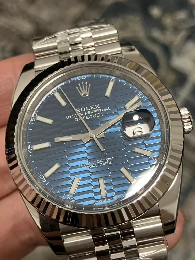 Clean Factory Rolex Datejust 126334 41mm SH3235 Blue Patterened Dial with Stick Markers Jubilee bracelet