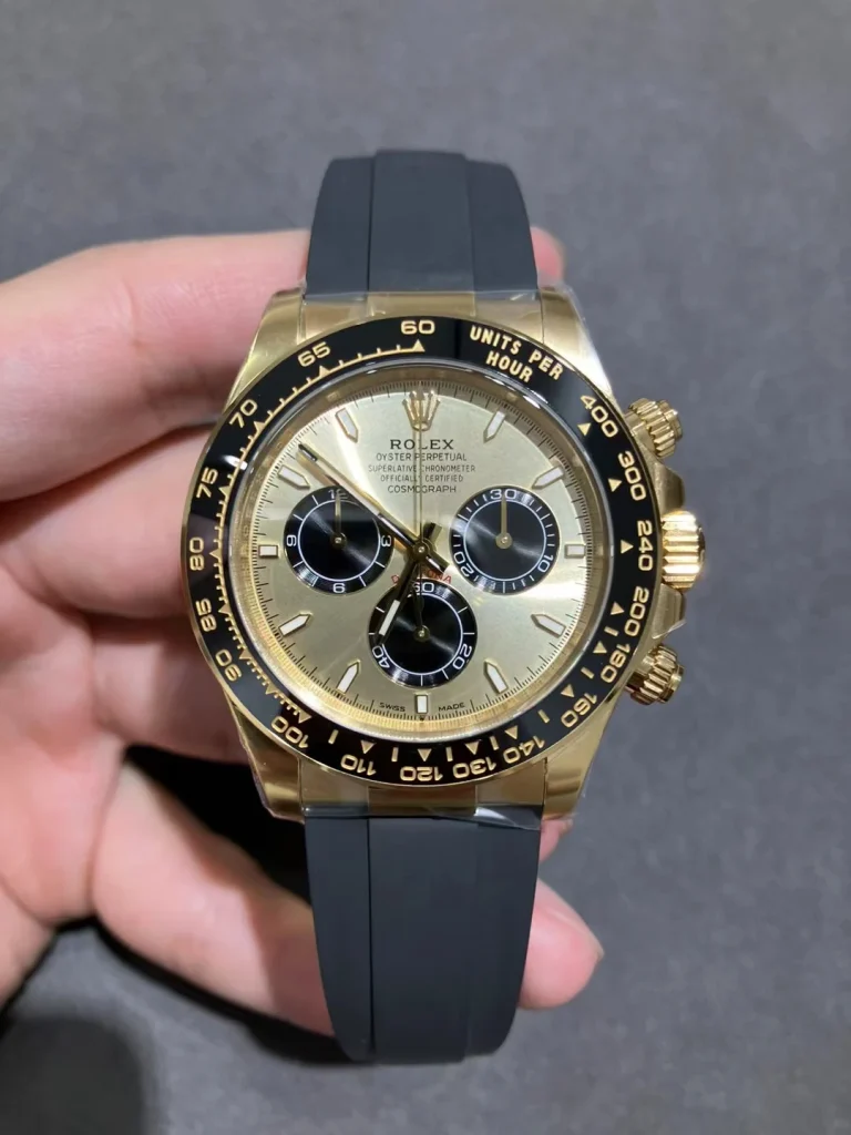 Clean Factory Rolex Daytona 126518 40mm SH4131 Yellow Gold Dial with Black Subdials, Super Lume Hands Set Oysterflex strap